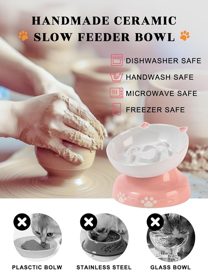 Y YHY Ceramic Slow Feeder Cat Bowl, Elevated Cat Bowl Tilted Design Slow Feeder for Dog and Cat for Dry and Wet Food, Pink - Image 6