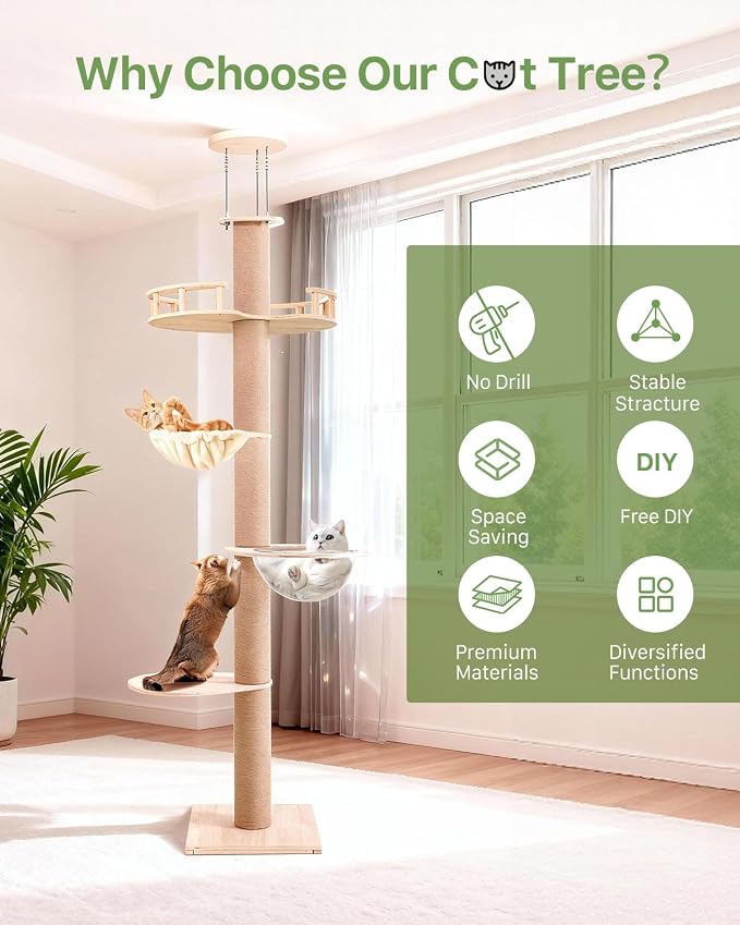 4 Level Floor to Ceiling Cat Tree,55-115in Adjustable Height Tall Cat Tower | Space-Saving Design, Heavy Duty Plywood Cat Pole with Jump Platform, Hammock & Capsule - Image 7