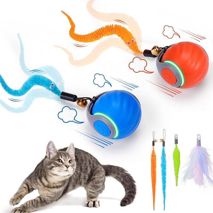 BABORUI 2Pack Interactive Cat Toy Ball - Automatic Interactive Cat Toys for Indoor Cats with 3 Tails, 2 Speeds Rechargeable Enrichment for Small/Medium/Large to Keep Them Busy by BABORUI