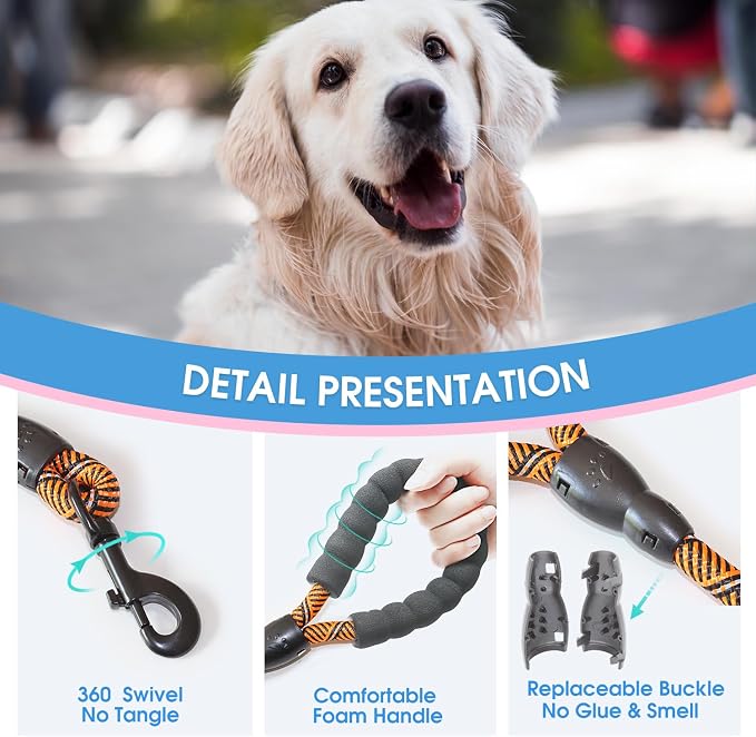 2/4/5/6 FT Dog Leash with Comfortable Padded Handle and Highly Reflective Threads for Small Medium and Large Dogs (5FT-1/2'', Black Orange) - Image 3