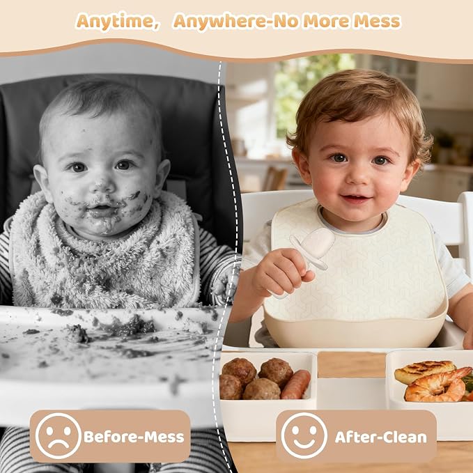 Beige Travel Silicone Foldable Feeding Set, On-the-Go Baby Feeding Supplies Including Toddler Plates, Silicone Baby Spoon&Fork, Adjustable Foldable Bib, Portable Infant Toddler Utensils - Image 5
