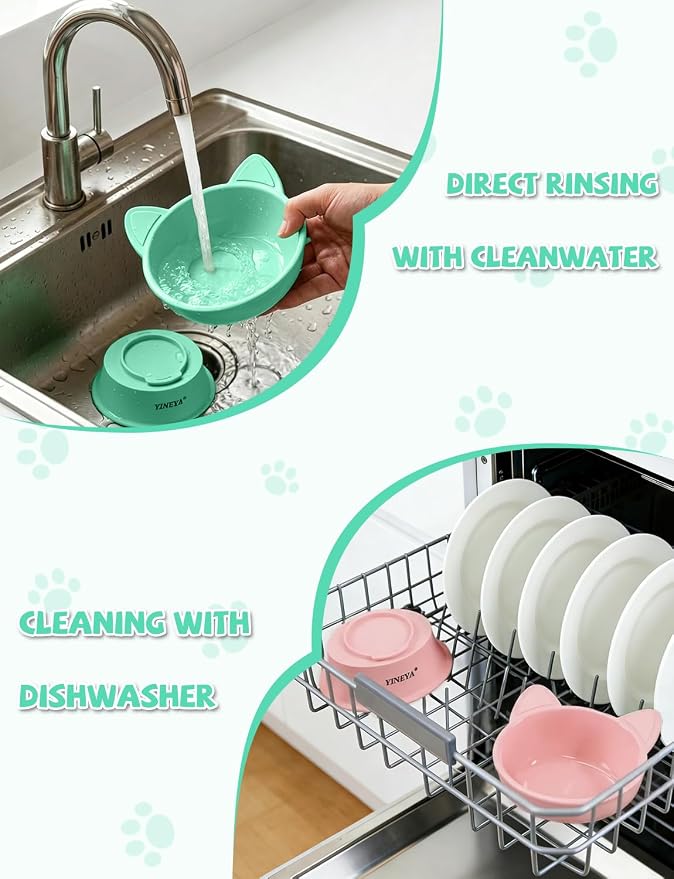 YINEYA Elevated Cat Bowls 2 Pcs, Cat Food Bowl to Protect Neck & Anti-Vomit, Whisker-Friendly Raised Food and Water Bowls Set for Indoor Cats/Small Dogs, Cute Pet Feeding Bowl 6 OZ Each, Pink & Green - Image 7