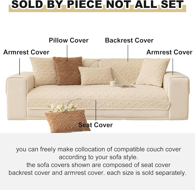 vctops Geometric Jacquard Plush Sofa Couch Covers Farmhouse Neutral Non Slip Sectional Couch Cover Soft Warm Sofa Slipcover for Dogs, Children, Pets Furniture Protector (Cream,36"x63") - Image 2