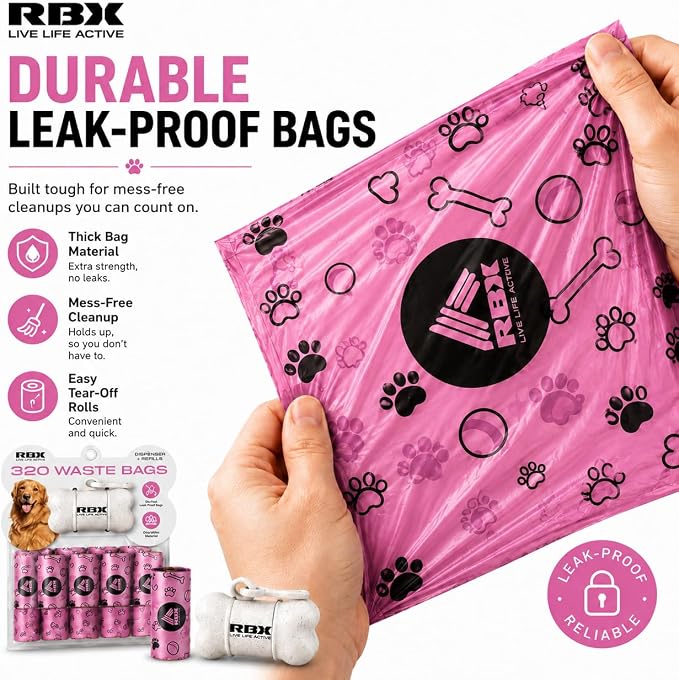 RBX Dog Poop Bags with Leash Holder, 320 Bags, 16 Refill Rolls | Clip-On Dispenser, Durable Leak-Proof, Recyclable Material - Image 4