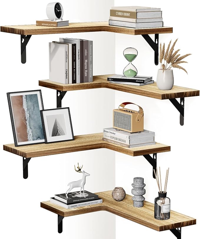 Amada Corner Floating Shelves, Paulownia Wood, Set of 4, Natural Wood | Corner Wall Shelves with Triangular Metal Bracket, 44 lbs Capacity per Shelf, L-Shaped Design for Bathroom, Laundry Room by AMADAHOMEFURNISHING