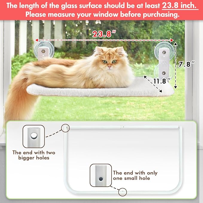 AMOSIJOY Cordless Cat Window Perch, Cat Hammock for Wall with 4 Strong Suction Cups, Solid Metal Frame and Reversible Cover, Foldable Cat Beds for Indoor Cats (Medium-White) - Image 2