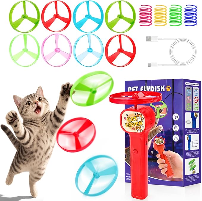 BABORUI Cat Toy Disc Launcher, Rechargeable Interactive Cat Fetch Toy Launcher with 8 Flying Discs, Flying Enrichment Toys for Indoor Bored Kittens & Adult Cats (Red-1) by BABORUI