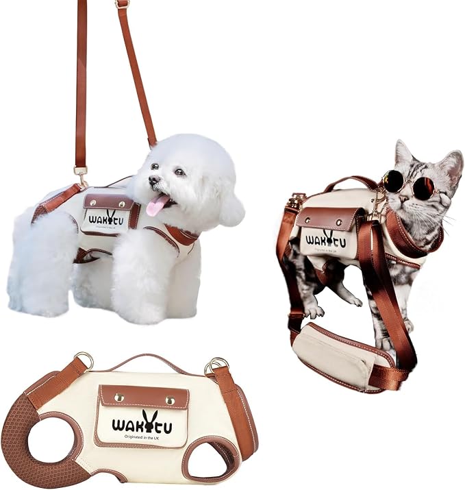 Wakytu Dog Lift Harness Dog Carrier Sling for Small Dogs & Cats,S | stylish puppy sling carrier with handle & pocket,adjustable leash,walking & travel by Petshome