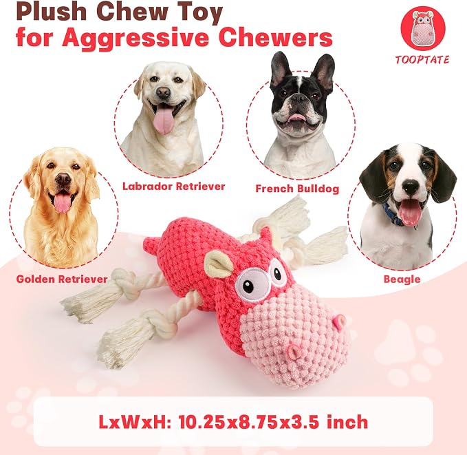 TOOPTATE Hippo Squeaky Dog Toy, Pink, Medium | Cute Plush Design, Rope Legs for Tugging, Helps Keep Dogs Busy, Suitable for Small, Medium, and Large Dogs - Image 3