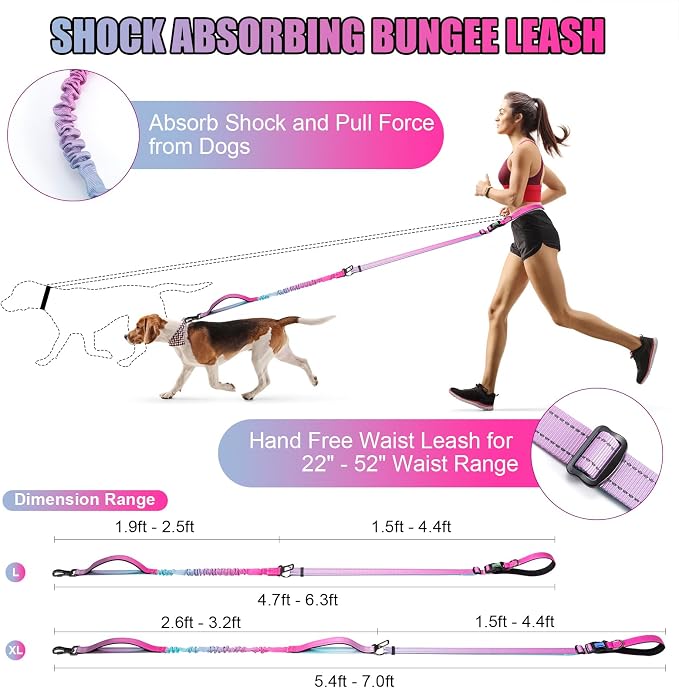 Heavy Duty Hands Free Dog Leash, 5-7 FT Reflective Adjustable Waist Dog Leash Belt with Padded Handles, Shock Absorbing Bungee and Car Seat Belt for Large Medium Dogs (Gradient Pink, XL) - Image 5