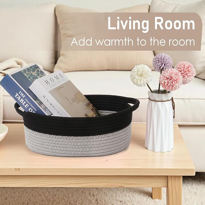 JMvicyroam Small Woven Basket, Empty Gift Basket, Black&Grey/1 Pack | Small Gift Basket, Cotton Rope, 12 x 8 x 78 in, Handles, Includes Ribbon and Bag, Birthday Gift Basket - Image 7