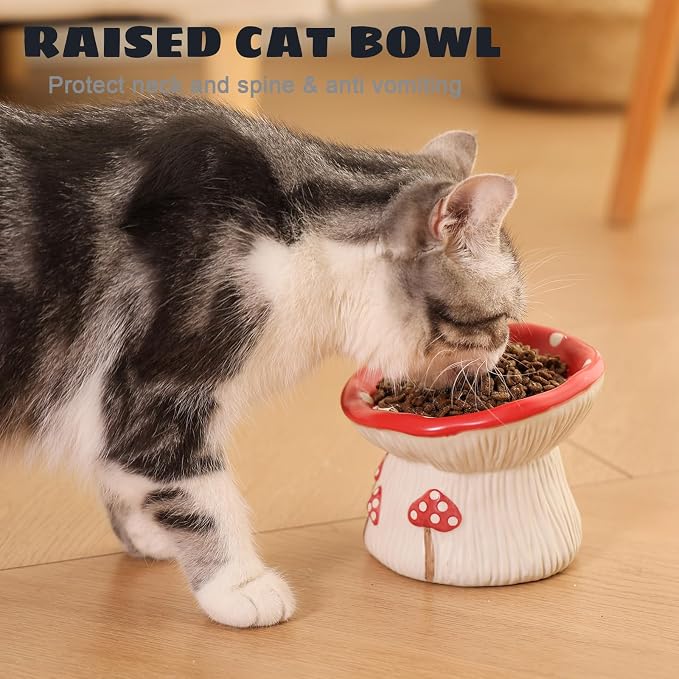 Ceramic Cat Bowl, Cute Red Mushroom Elevated Cat Food Dish, Shallow Raised Feeder, Anti Vomiting, Stress Free, Whisker Fatigue - Image 5