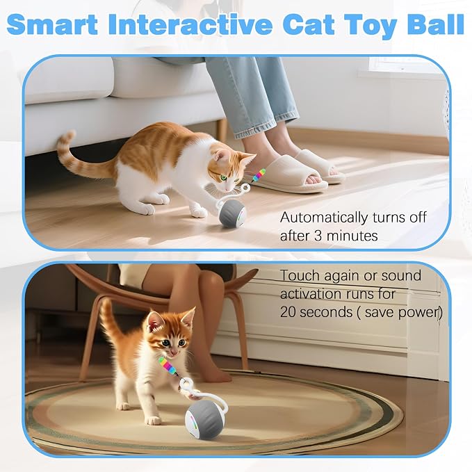 Upgraded 2.36 Inch Large Interactive Cat Toys Ball for Indoor Cats, Gray | Motion and Sound Activated, 2 Speeds, Rechargeable, 5 Replaceable Tails, Stuck-Free Motor, Pink Also Available - Image 3
