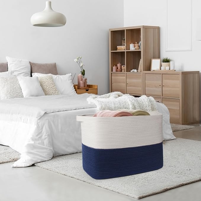 MEGASKET 108L Super Large Blanket Basket, 25" x 16" x 16" Jumbo Rectangle Basket for Blankets Living Room, Woven Cotton Rope Pillow Holder Organizer, Oversized Kids Dog Toy Storage Bin Box, Dark Blue - Image 6