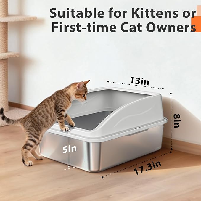 AIPERRO Stainless Steel Litter Box | Metal Kitty Litter Box with Lid | High Sided, Low Entry for Small Cats or Injured Cats | Bunny Litter Boxes | Odor-Free & Non-Stick | Includes Litter Cat Scoop - Image 2