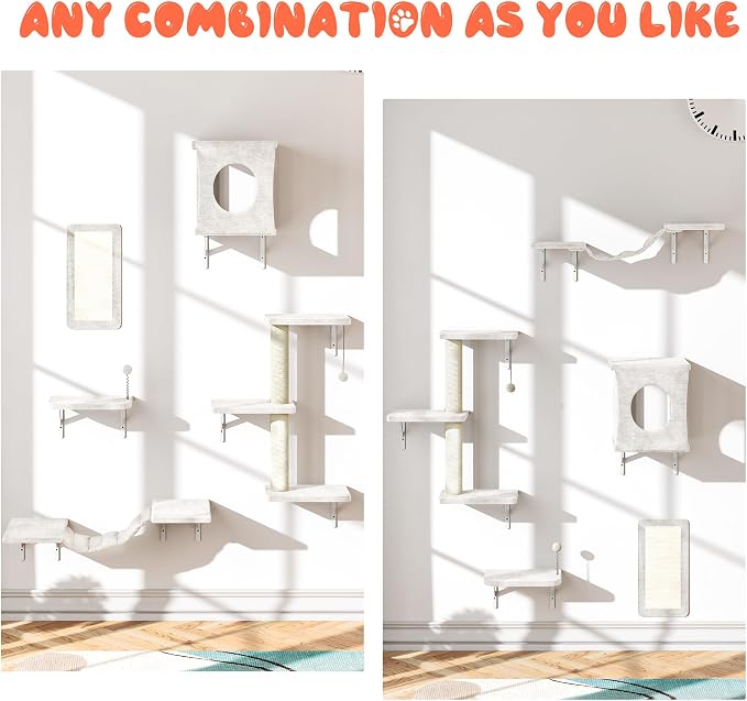 NUNU LAB Cat Wall Shelves Set, 5 Pcs Wall-Mounted Cat Climber with Cat House, Bridge, Scratching Post, Hammock, Wall Shelves, Beige - Image 3