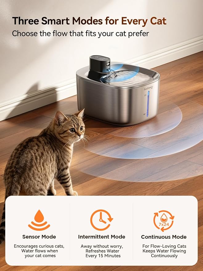 FEELNEEDY Wireless Cat Water Fountain Stainless Steel with Sensor, 4000mAh Battery Operated, 4L/135fl oz Pet Water Fountain for Cats Dogs, Ultra Quiet Cat Drinking Fountain with 2 Filters (YPD-C004S) - Image 3
