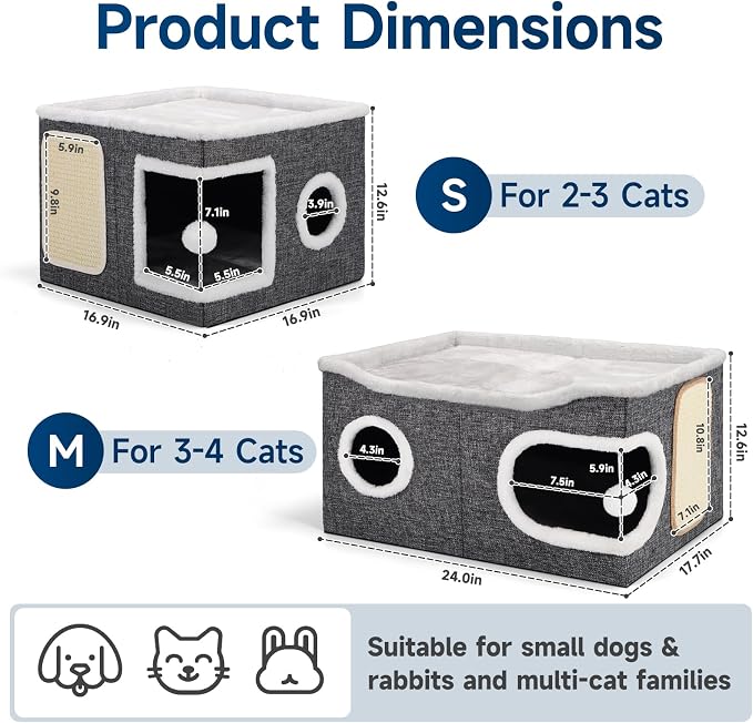 Shikha Extra Large Cat House Bed for Multi Cats with Scratch Pad Grey | 24 x 17.7 x 12.6 IN Widen Cat Cave Cube for Multi Pets, Foldable, Arc-Edge Design, Oval Door, All Seasons Reversible Cushion - Image 2