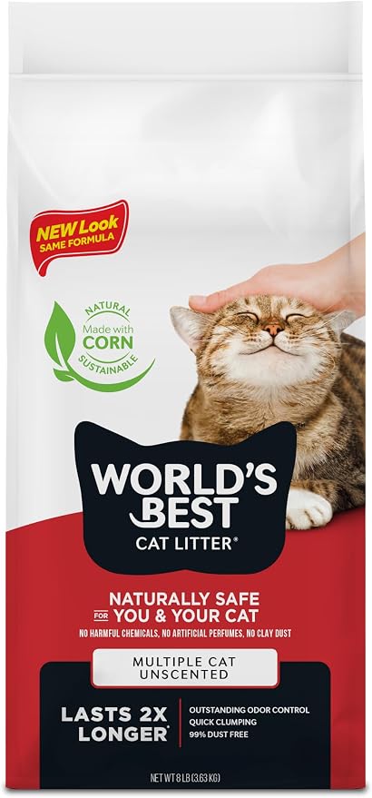 World's Best Cat Litter, Multiple Cat, Unscented, Lasts 2X Longer, 8 lb Bag | Controls tough multi-cat odors and lasts 2x longer; natural corn litter, quick clumping, flushable, 99% dust free by WorldsBestCatLitter