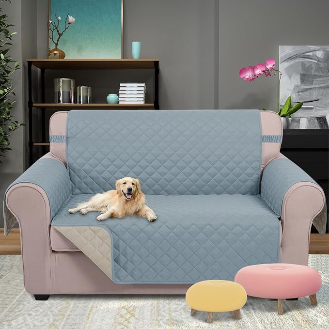 U-NICE HOME Loveseat Sofa Cover for 2 Cushion Couch, Light Blue/Beige | 45''Loveseat Cover Washable, Pet Friendly, Elastic Straps, Water Repellent, Furniture Protector for 2 Cushion - Image 2