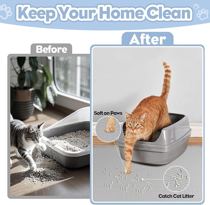 Kalolary Cat Litter Mats,40"x28"Extra Large Silicone Cat Mat for Litter Box | Easy to Clean Kitty Litter Trapping Mat, Soft on Kitty Paws, Waterproof, Urine-Proof Kittys Litter Mats for Floor, Grey - Image 2