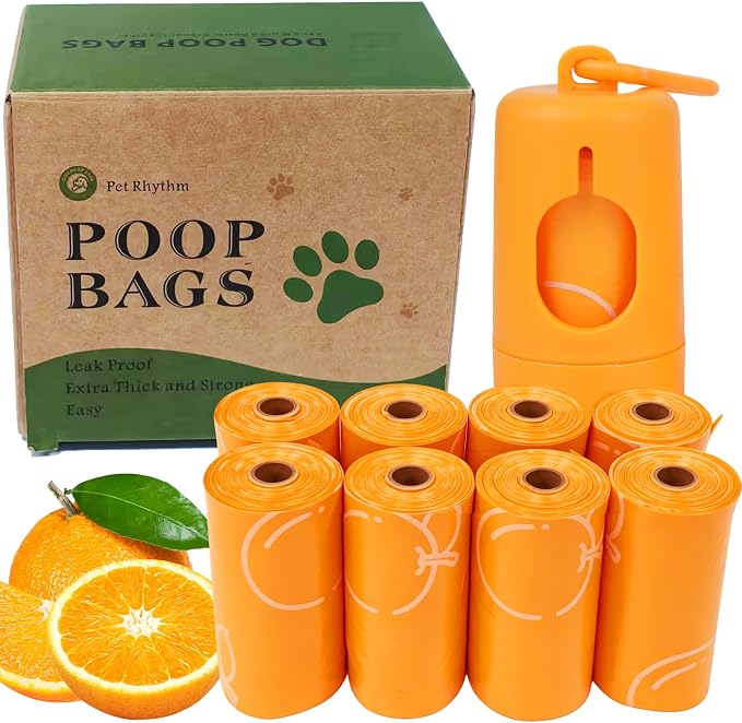 Citrus Scented Dog Poop Bags - 8 Rolls 120 counts Leak Proof | Extra Large 13x9 Inch Orange Dog poop bags rolls with Dispensers, Fragrance Bags for Dogs Walking and Cat Litter by Petrhythm