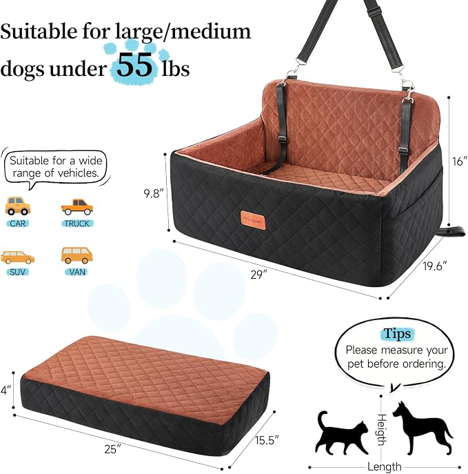 HEGGCOOE Dog Car Seat for Medium/Large Dogs, Pet Booster Seat for Under 55 lbs or 2 Small Dogs, Detachable & Washable Dog Car Bed for Backseat with 2 Safety Leashes(Black/Brown) - Image 3