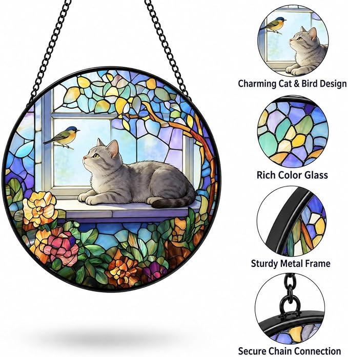 Stained Glass Cat Window Suncatcher, Cat on Windowsill Sun Catcher, Colorful Pet Lover Window Decor Gift - Image 4