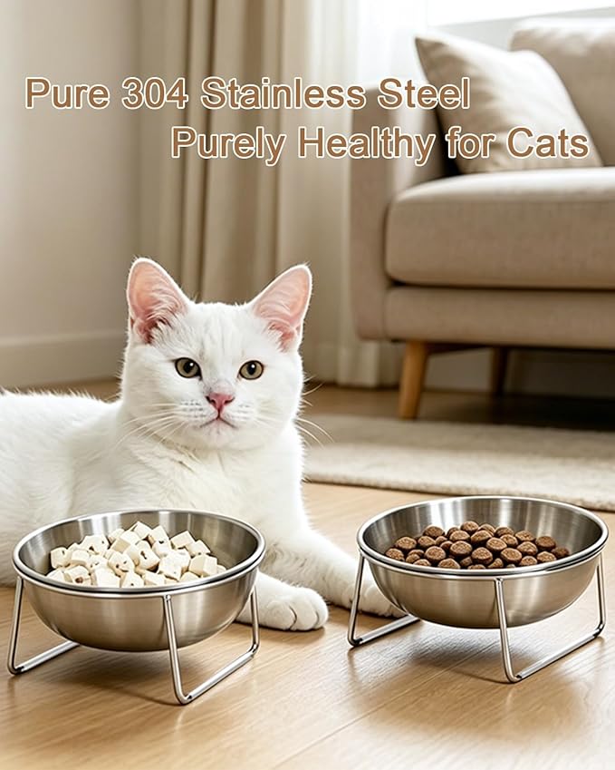 15° Tilted Cat Food Bowls 304 Stainless Steel Kitten Food Bowl Raised Food and Water Dish for Cats Elevated Cat Bowl Plate Stand Whisker Friendly Smooth Polished Easy to Clean Dishwasher Safe 2PACK - Image 2