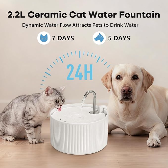 Upgrade 2.2L/78oz Ceramic Cat Fountain, Automatic Ceramic Water Fountain for Cats, Pet Water Fountain with Ultra-Quiet Pump (White) - Image 6