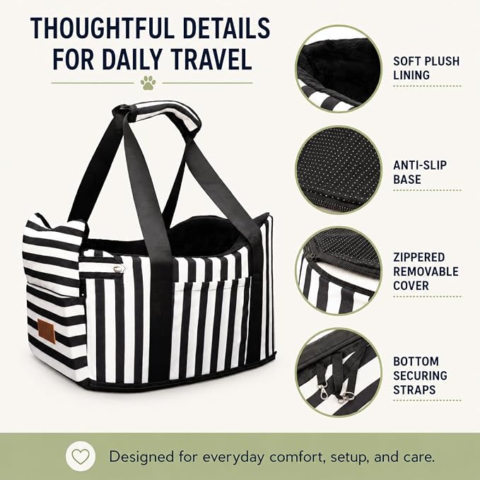 Console Dog Car Seat for Small Dogs to 15lbs (Black& White Stripes) | Center Console Puppy Booster and Portable Travel Bed, Anti-Collapse Design with Washable Fluffy Cushion - Image 5