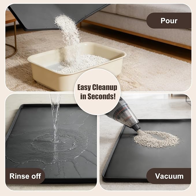 Silicone Cat Litter Mat 24x20 In Waterproof Litter Box Mat Leak-Proof Thick Under Kitty Litter Box Feeding Tray with Raised Edges for Floor Carpet, Black - Image 4