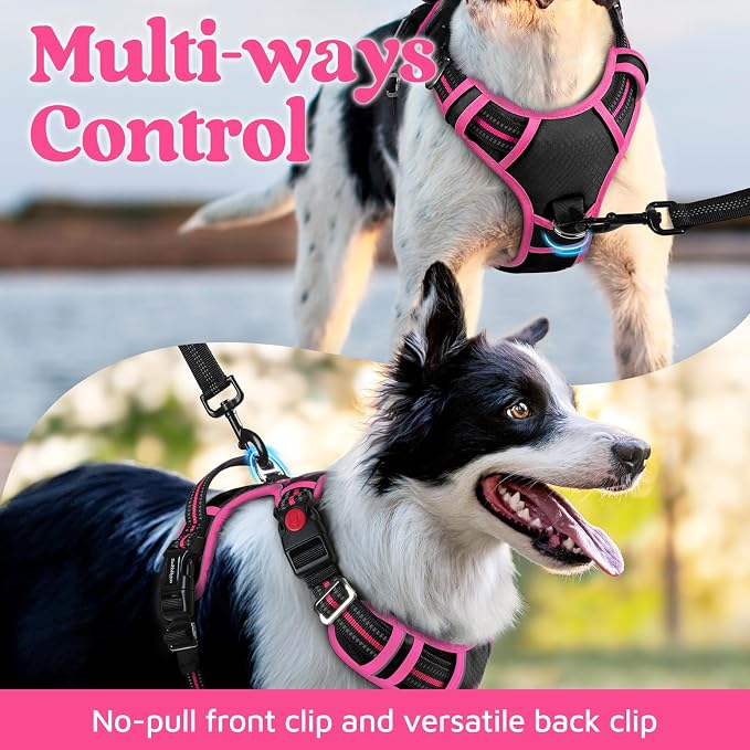 rabbitgoo Dog Harness Medium Sized, No Pull 3 Buckles Easy On & Off | Soft Padded, Walking with Control Handle, Adjustable and Reflective, Black & Pink, Medium - Image 4