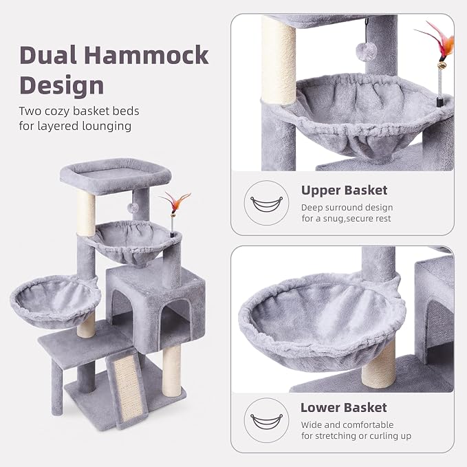 Cat Tree with Cat Condo and Two Hammocks, Cat Tree with Scratching Posts and Scratching Pads, Cat Tower for Indoor Cats, Activity Centre Climbing Tree with Playful Toy Balls, Grey - Image 4