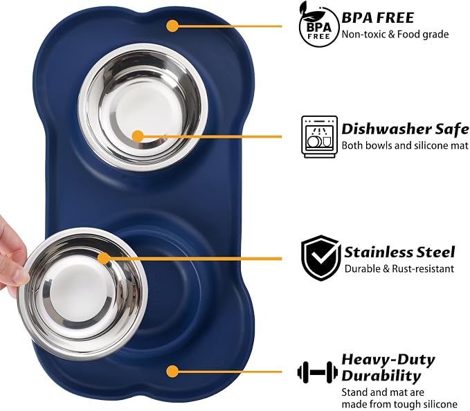 Hubulk Pet Dog Bowls 2 Stainless Steel Dog Bowl with No Spill Non-Skid Silicone Mat + Pet Food Scoop Water and Food Feeder Bowls for Feeding Small Medium Large Dogs Cats Puppies (X-Large, Navy Blue) - Image 2