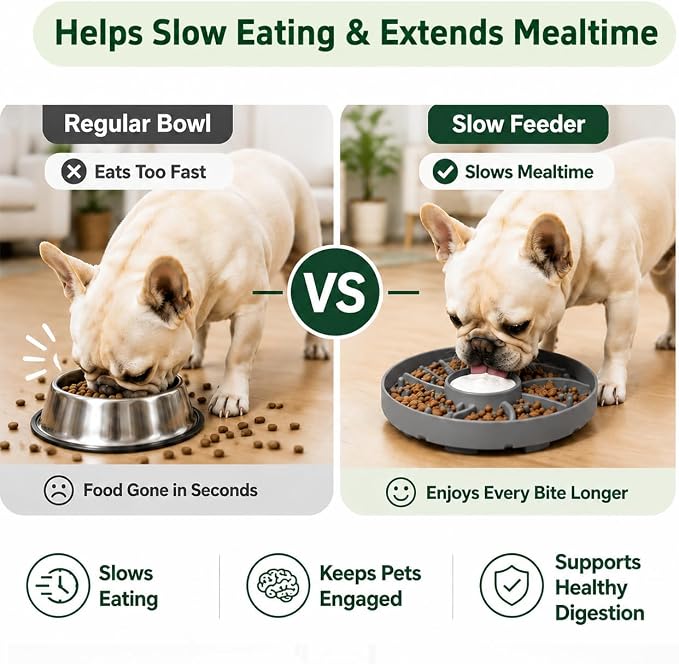 Slow Feeder Dog Bowl Silicone Suction Cup Anti Spill Dogs Cats Grey | strong suction base prevents sliding, extends mealtime, reduces anxiety, textured surface, dishwasher safe - Image 3