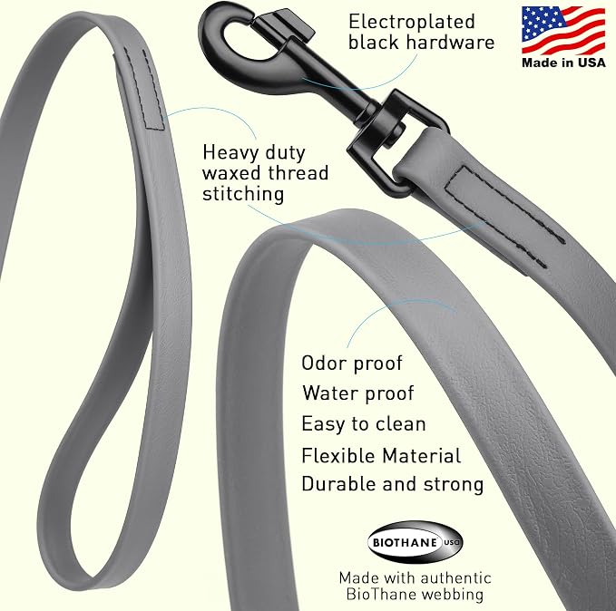 Dogline Biothane Waterproof Dog Leash Strong Coated Nylon Webbing with Black Hardware Odor-Proof Easy to Clean High Performance for Small or Large Dogs Made in USA 4 or 6 ft Lead, Battleship Gray - Image 2