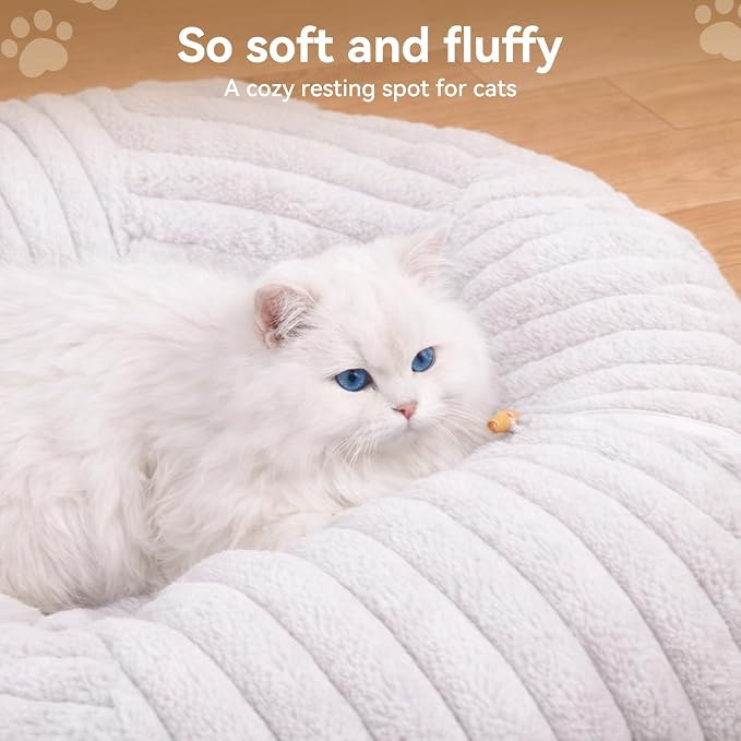 Dogpals Cat Tunnel Bed Cave 33" Lx10 Wx10 H for Indoor Cats (White) | Washable Cozy Cushion, Soft Striped Plush Fabric, Hideaway Peekaboo Cave for Kittens, Puppies, Rabbits & Small Pets - Image 3