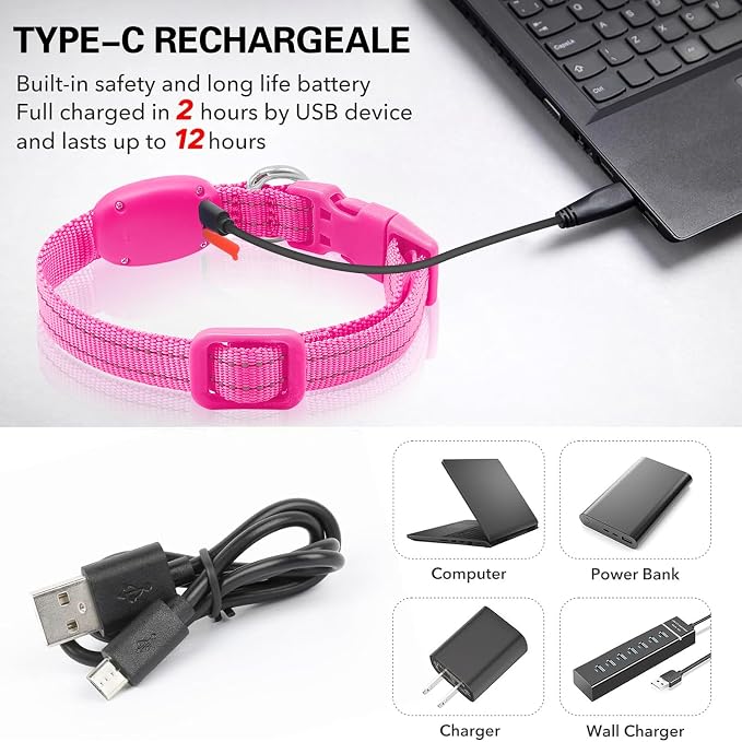 Light Up Collar for Small Dogs& Cats, Reflective LED Dog Collar Rechargeable Puppy Safety Lights for Nighttime Walking (Pink) - Image 5