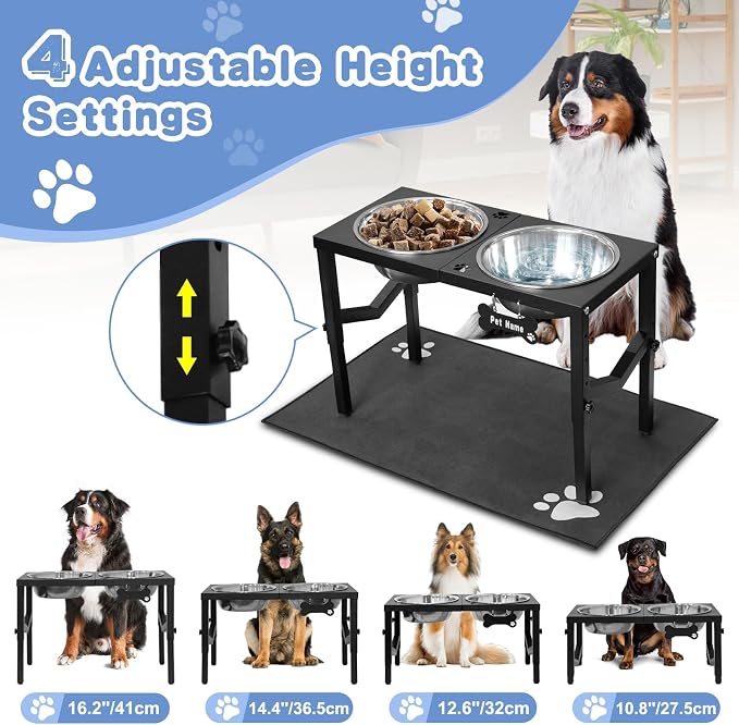 Elevated Dog Bowls, 4 Height Adjustable Metal Raised Bowl Stand with 2 Large 111 oz Stainless Steel Food Bowls & Spill-Proof Mat, Adjusts to 16.2'', 14.4'', 12.6'', 10.8'' for Large/Extra Large Breeds - Image 2