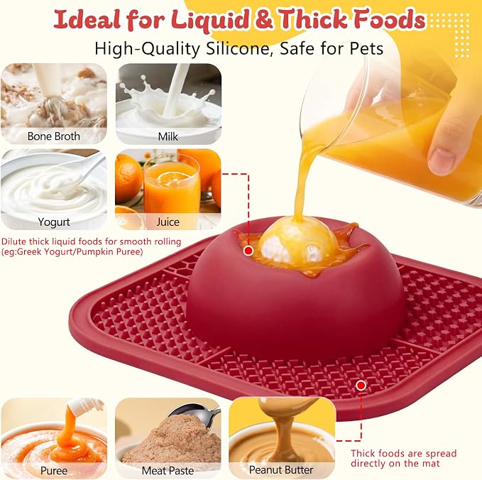 Slow Feeder Dog Bowls & Lick Mat for Liquid and Thick Treat, Anti-Slip Dog Lick Bowl with Interactive Rolling Ball, 5/6 Cup Pup Licking Toy for Large Medium Small Dogs and Cats Red - Image 3