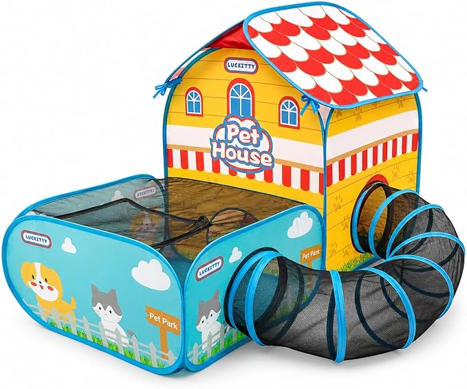 Cute Cartoon Cat Playpen with Tunnel, 3-in-1 Indoor Cat Tent with Separate Rest & Play Zones, Breathable Mesh Covered Top, Foldable Portable Cat Enclosure with Carry Bag - Image 7