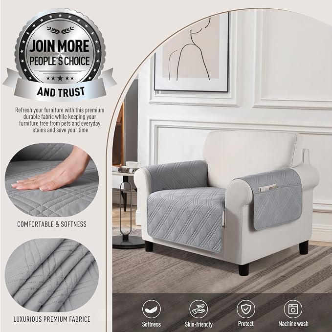 TAOCOCO Waterproof Chair Covers for Dogs, Non Slip Pet Couch Cover, Chair | Washable Chair Seat Covers for recliners with Arms, Dog Sofa Cover Protector, Pockets & Backless Design, Light Gray - Image 2