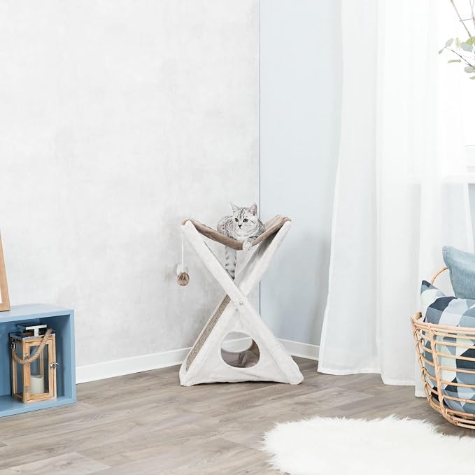 TRIXIE Miguel Fold and Store Cat Hammock, Indoor Cat Furniture with Dangling Toys, Scratching Pad, and Cave, Taupe/Light Gray - Image 3