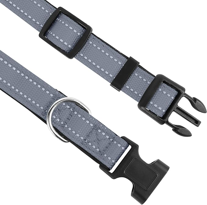 Reflective Dog Collar, Adjustable Soft Neoprene Padded,Gray,L | Breathable Nylon for Large Dogs,Tear-Resistant Webbing,Chafe‑Free on Walks and Hikes,Metal D-Ring,Night Safety - Image 3