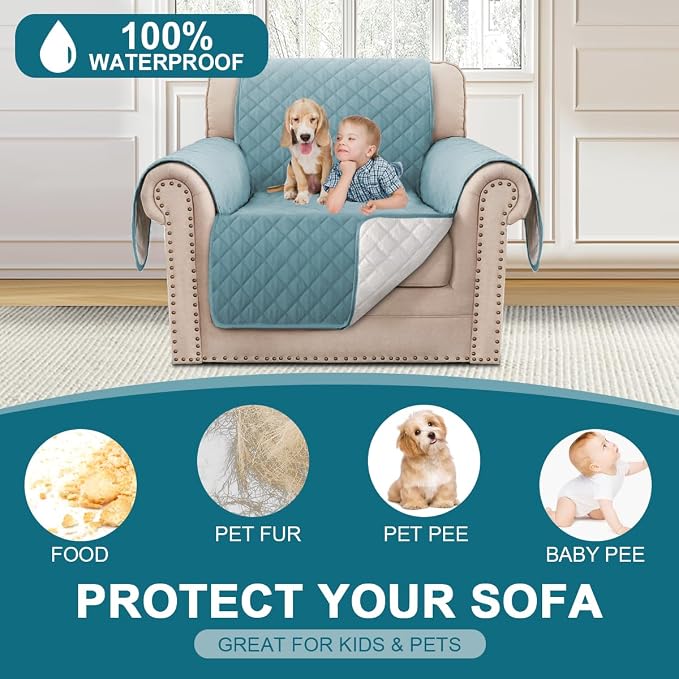 Turquoize 100% Waterproof Sofa Covers Chair Cover Slipcover Couch Protector Triple Non-Slip Sofa Slipcover for 1 Cushion Furniture Protector for Pets, Kids,Dog (Chair 23", Stone Blue) - Image 2