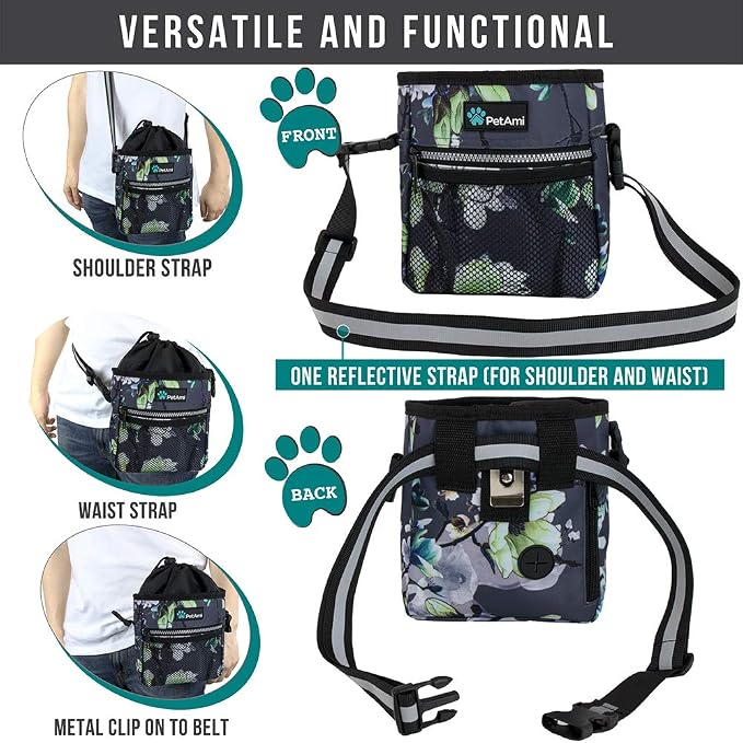 PetAmi Dog Treat Pouch, Pet Treat Pouch for Training, Dog Walking Bag Holder for Kibbles, Pet Food Toy, Dog Trainer Essentials Supplies, Poop Bag Dispenser, 3 Ways to Wear (Floral Grey) - Image 4