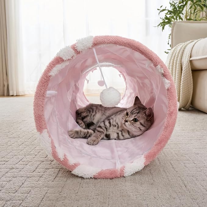Straight Cat Tunnel for Indoor Cats 47"x12", Pink Flower | Cute Cat Toys, Collapsible Tunnel Tube with Hanging Balls for Puppy Kitten Rabbit - Image 7
