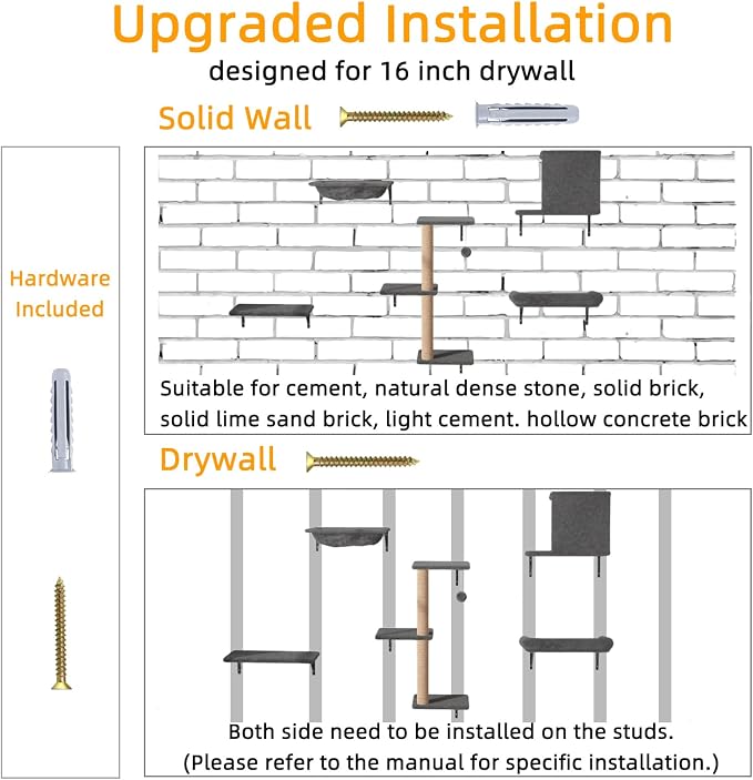 Cat Wall Shelves 5-Piece Set,Cat Walls Furniture for Indoor Large Cats Includes Bed, Cave, Scratching Post, Hammock, Space Saving Floating Shelves (Dark Gray) - Image 7