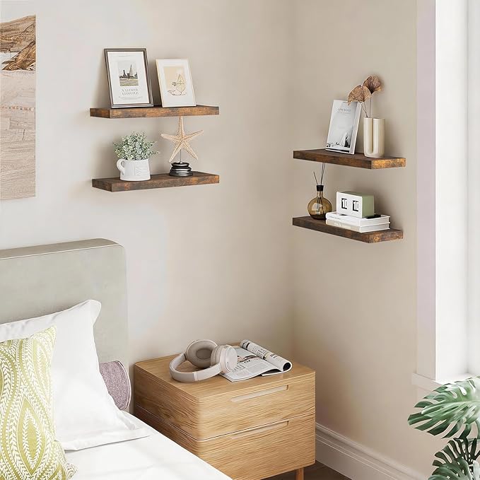 BAYKA Rustic Brown Floating Shelves 15.7in, Set of 4, Wall Mount Wood Shelf | Easy Install, 22lbs Max Load, Hidden Bracket, Hanging Shelf for Books Storage/Room Decor, Multi-Wall Compatible - Image 5